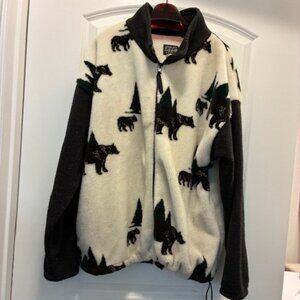 BIG CHILL Poly-FLEECE off-white zip JACKET w BLACK BEARS Green Trees * SOFT * M